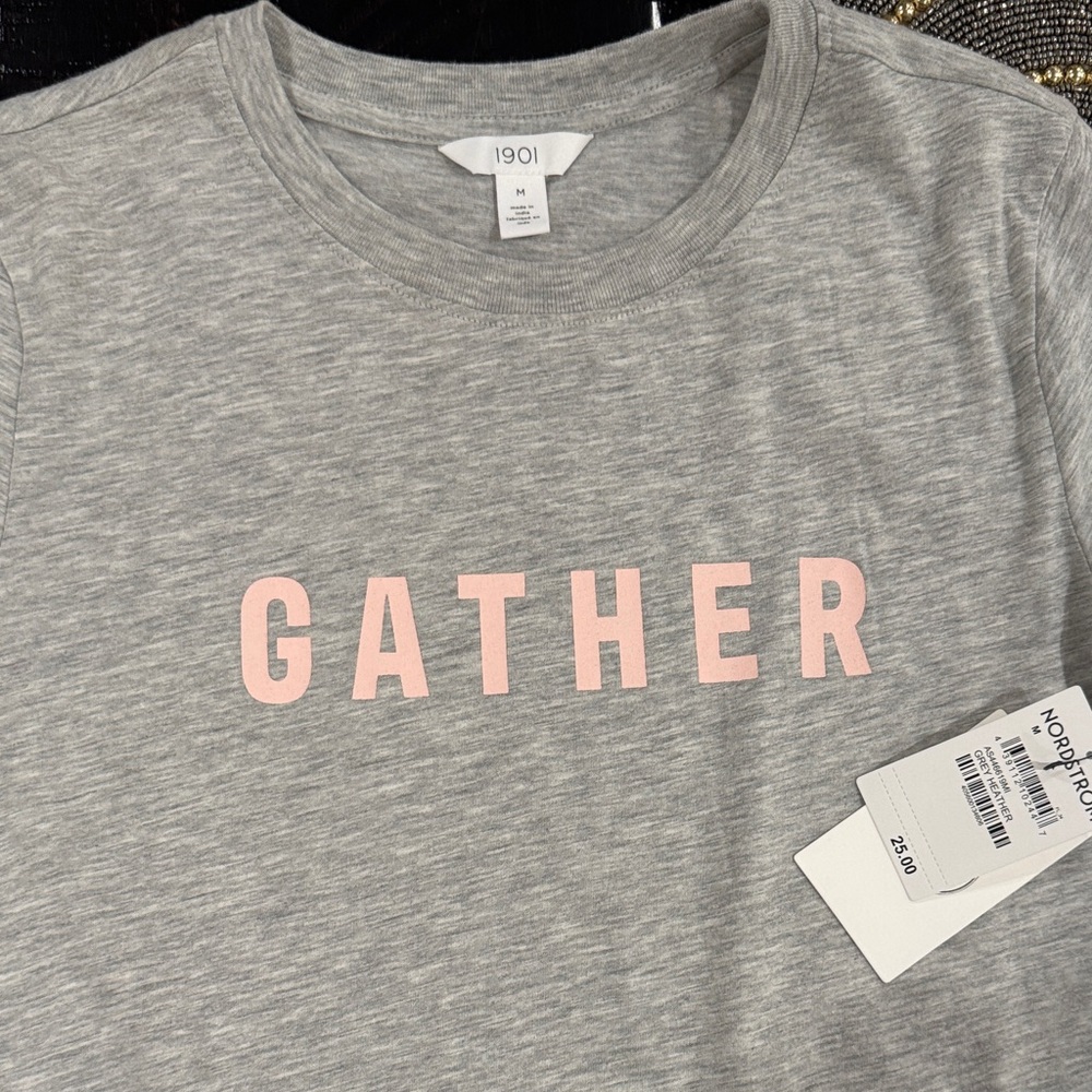 1901 Heather Gray Tee with Pink 'GATHER' Print